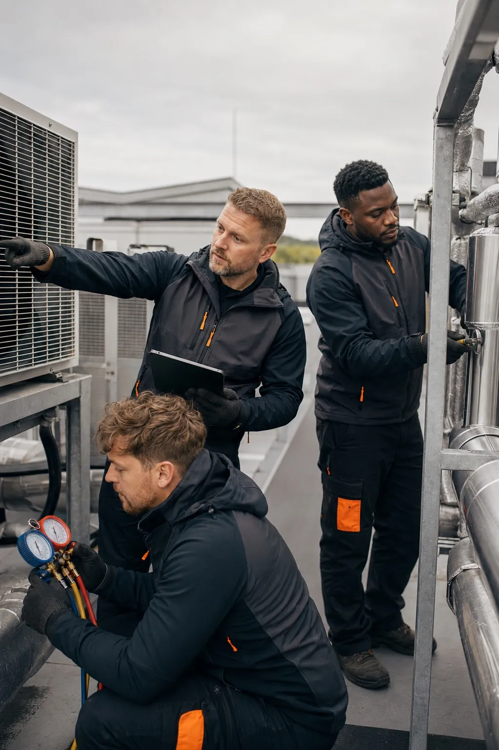A Clarus team of engineers servicing commercial air-conditioning condensers and pipework on a rooftop